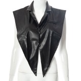 Winter Sexy Black PU Leather Turndown Collar Open Size Blouse