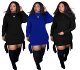 Winter Black Plus Size Round Neck Size Tied Long Sleeve Casual Dress