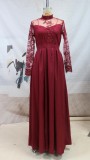 Winter Wine Red Sequins Applique Long Sleeve Split Eveing Dress