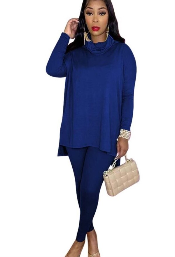 Winter Solid Blue Turtleneck Long Sleeve Loose Top and Match Pants Two Piece Set