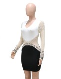 Winter Sexy Black and White Contrast Beaded V-neck Long Sleeve Bodycon Club Dress