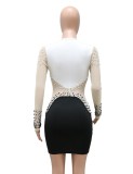 Winter Sexy Black and White Contrast Beaded V-neck Long Sleeve Bodycon Club Dress