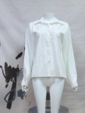 Fall White Mesh Patch Button Up Long Sleeve Formal Blouse