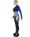 Fall Sexy Blue Turndown Collar Wrap Tied Long Sleeve Crop Top and Printed Tight Pants Set