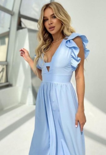Spring Elegant Blue V-neck Ruffled Sleeve Swing Long Dress
