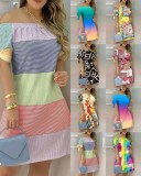 Summer Multicolor Printed Off Shoulder Short Sleeve Casual Midi Dress