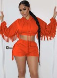 Winter Solid Orange Fringe Tassel Cropped Hoodies and Match Shorts Two Piece Set