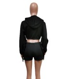 Winter Solid Black Fringe Tassel Cropped Hoodies and Match Shorts Two Piece Set