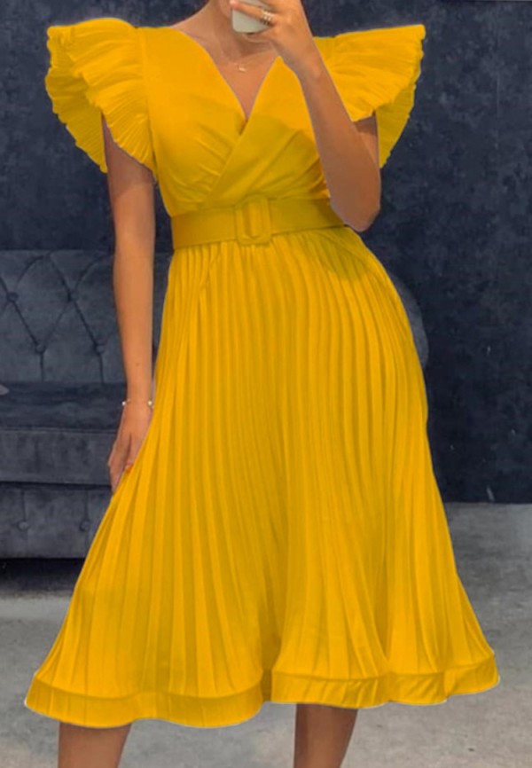 Spring Sexy Plus Size Yellow V-neck Ruffled Short Sleeve Pleated Midi Dress