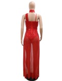 Spring Sexy Red Sequins Cutout Sleeveless Split Evening Dress with Choker