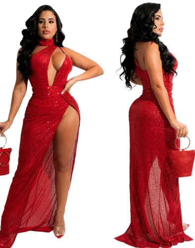 Spring Sexy Red Sequins Cutout Sleeveless Split Evening Dress with Choker