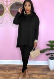 Winter Black Black Turtleneck Long Sleeve Loose Top and Match Pants Two Piece Set