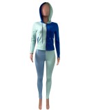 Winter Blue Contrast Zipper Hoodies and Tight Pants Two Piece Set