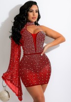 Fall Sexy Red Beaded Choker One Shoulder Club Dress