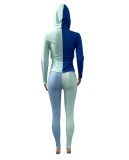 Winter Blue Contrast Zipper Hoodies and Tight Pants Two Piece Set