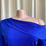 Winter Elegant Blue Plus Size Inclined Shoulder Puff Sleeve Loose Formal Jumpsuits
