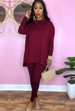 Winter Solid Burgundy Turtleneck Long Sleeve Loose Top and Match Pants Two Piece Set
