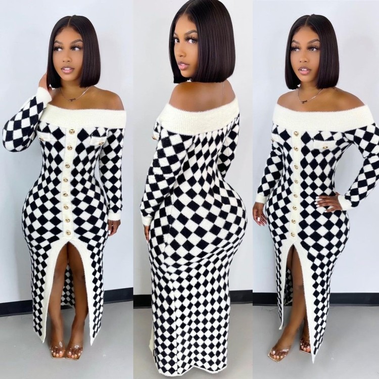Wholesale Winter Sexy White and Black Check Off Shoulder Split Sweater ...