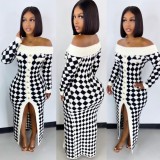Winter Sexy White and Black Check Off Shoulder Split Sweater Dress