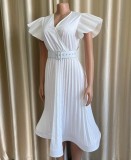 Spring Sexy Plus Size White V-neck Ruffled Short Sleeve Pleated Midi Dress