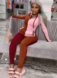 Winter Brown Contrast Zipper Hoodies and Tight Pants Two Piece Set