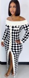 Winter Sexy White and Black Check Off Shoulder Split Sweater Dress
