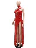 Spring Sexy Red Sequins Cutout Sleeveless Split Evening Dress with Choker
