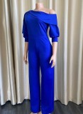 Winter Elegant Blue Plus Size Inclined Shoulder Puff Sleeve Loose Formal Jumpsuits