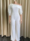 Winter Elegant White Plus Size Inclined Shoulder Puff Sleeve Loose Formal Jumpsuits