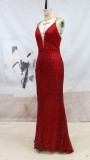 Fall Elegant Red Sequins Blackless Sling Mermaid Evening Dress