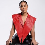 Winter Sexy Red PU Leather Turndown Collar Open Size Blouse