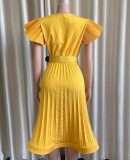 Spring Sexy Plus Size Yellow V-neck Ruffled Short Sleeve Pleated Midi Dress
