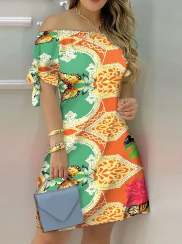 Summer Butterfly Contrast Off Shoulder Short Sleeve Casual Midi Dress