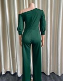 Winter Elegant Green Plus Size Inclined Shoulder Puff Sleeve Loose Formal Jumpsuits