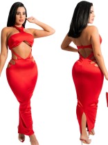Fall Sexy Red Satin Halter Neck Cutout Sleeveless Long Dress