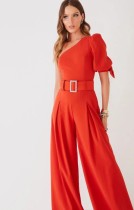 Fall Elegant Red Puff Short Sleeve One Shoulder Loose Formal Jumpsuit with Belt
