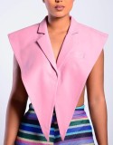 Winter Sexy Pink PU Leather Turndown Collar Open Size Blouse