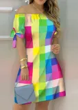Summer Multicolor Check Printed Off Shoulder Short Sleeve Casual Midi Dress