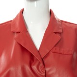 Winter Sexy Red PU Leather Turndown Collar Open Size Blouse