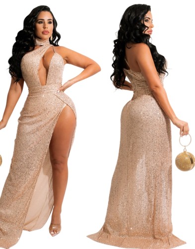 Spring Sexy Apricot Sequins Cutout Sleeveless Split Evening Dress with Choker