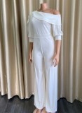 Winter Elegant White Plus Size Inclined Shoulder Puff Sleeve Loose Formal Jumpsuits