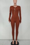 Winter Sexy Brown Chain Lace-up Long Sleeve Tight Jumpsuits