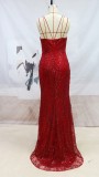 Fall Elegant Red Sequins Blackless Sling Mermaid Evening Dress