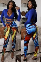 Fall Sexy Blue Turndown Collar Wrap Tied Long Sleeve Crop Top and Printed Tight Pants Set