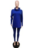 Winter Solid Blue Turtleneck Long Sleeve Loose Top and Match Pants Two Piece Set