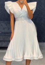Frühling Sexy Plus Size Weiß V-Ausschnitt Rüschen Kurzarm Plissee Midikleid