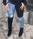 Winter Sexy Blue and Black Contrast Ripped High Waist Jeans