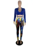 Fall Sexy Blue Turndown Collar Wrap Tied Long Sleeve Crop Top and Printed Tight Pants Set