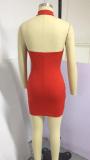 Summer Sexy Mesh Patch Red Beaded Scoop Neck Mini Party Dress