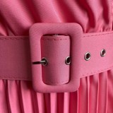 Spring Sexy Plus Size Pink V-neck Ruffled Short Sleeve Pleated Midi Dress